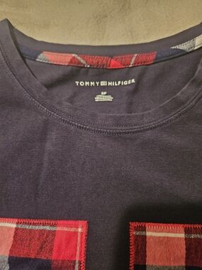 Tommy Hilfiger Men's Navy Crewneck Shirt with Red Plaid Accents